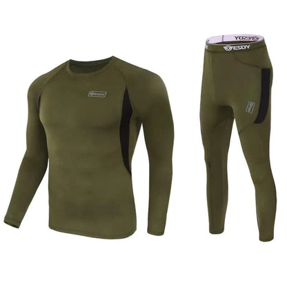 Thermal underwear for men, elite outdoor set, green, superior warmth, moisture-wicking, lightweight, flexible, durable, military style.