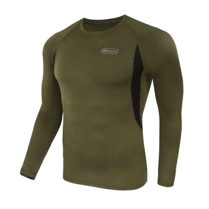 Thermal underwear for men in olive green, featuring moisture-wicking and durable materials ideal for outdoor activities.