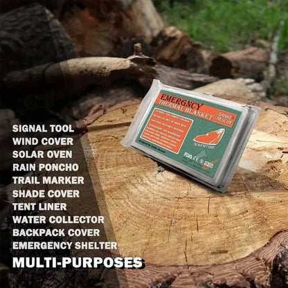 Thermal blanket for outdoor adventures and emergency situations on a wood stump.