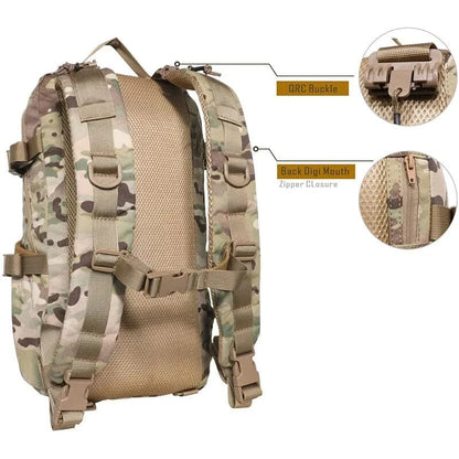 Tactical MOLLE Backpack with camo design, showing durable straps and versatile MOLLE webbing system.