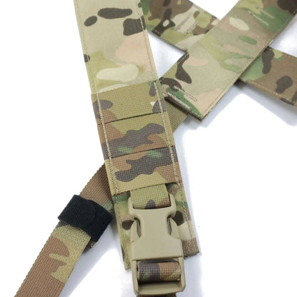 Camo X-Strap tactical chest rig with quick-release buckle and adjustable straps.