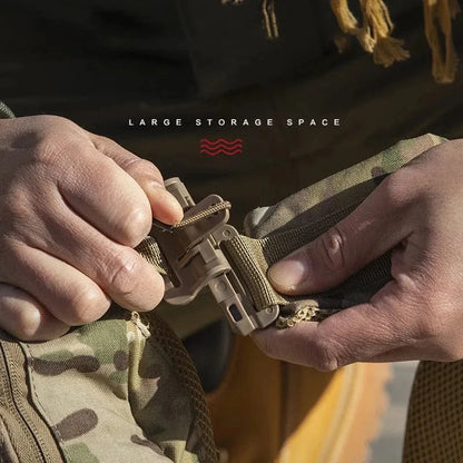 Close-up of Tactical MOLLE Backpack showcasing durable buckle and camouflage design.