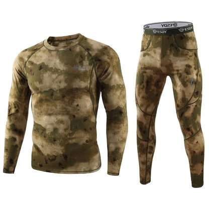 Thermal underwear for men with camouflage design, featuring superior warmth, moisture-wicking fabric, and lightweight flexibility.