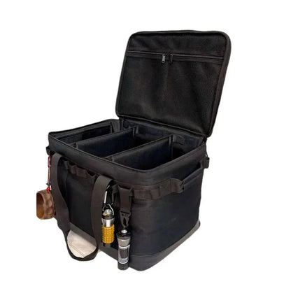 Camping Storage Bag with multiple compartments, high-strength nylon, and external hooks, perfect for organizing gear and food.