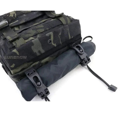 Multi-Purpose MOLLE Webbing Buckle Clip securing gear to tactical backpack.