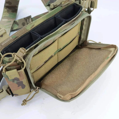 Camo X-Strap chest rig for airsoft, featuring multiple pouches and adjustable straps for tactical gear storage.
