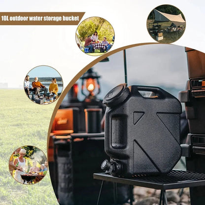 Ultimate Portable Water Container, black 10L, ideal for camping with detachable tap and sturdy design.