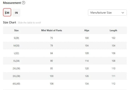 Men's Tactical Hiking Pants Size Chart - S to 4XL, waist, hips, length in cm.