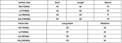 Size chart for men's thermal underwear showing measurements for bust, length, sleeve, long pants, and waistline in sizes M, L, XL, XXL.
