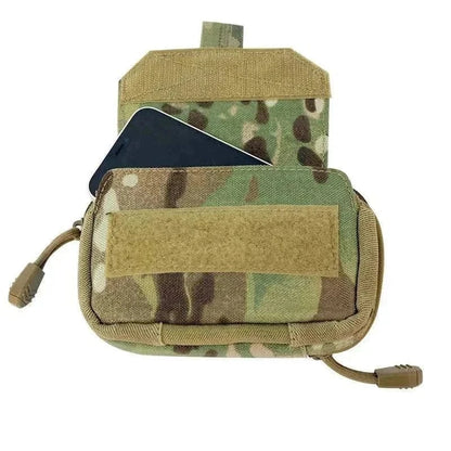 Camouflage tactical phone pouch with felt-lined front pocket and hook and loop closure.