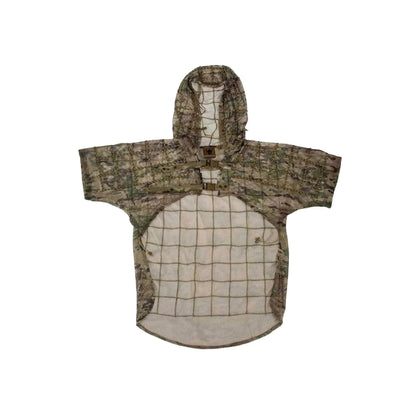 Lightweight mesh tactical concealment ghillie suit with integrated hood and 550-cord grid for camouflage customization.