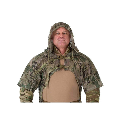 Lightweight tactical concealment ghillie suit with mesh ventilation and 550-cord grid system for camouflage.