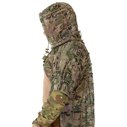 Lightweight mesh camouflage ghillie suit with integrated hood and 550-cord grid for tactical concealment.