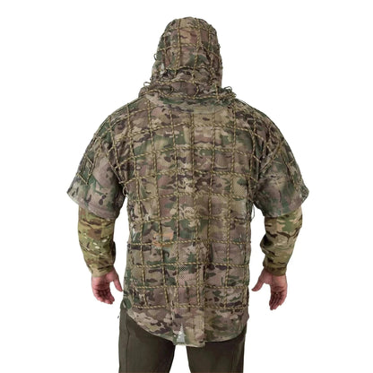 Multicam Tactical Concealment Ghillie Suit Valhalla with Hood and 550 Cord Grid for Foliage Attachment.