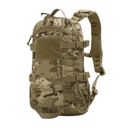Tactical MOLLE Backpack in camouflage design with multiple compartments and hydration system for outdoor activities.