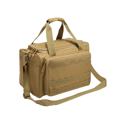 Tactical Range Bag in tan color, made from waterproof Oxford nylon, featuring Molle system and adjustable compartments for outdoor activities.