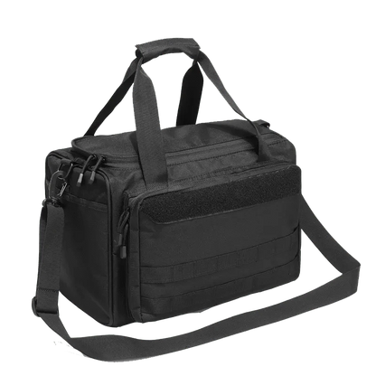 Tactical Range Bag in black, waterproof Oxford nylon, featuring MOLLE system and adjustable shoulder strap.