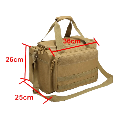 Tactical Range Bag in tan, Oxford nylon, MOLLE system, waterproof, 26x25x36cm.