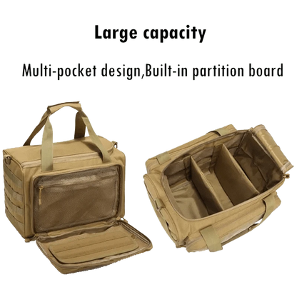 Tactical Range Bag with large capacity and multi-pocket design, featuring built-in partition board for customizable storage.