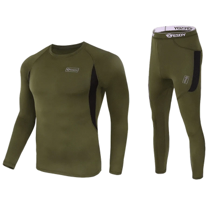 Thermal underwear for men in green, designed for warmth and flexibility, ideal for outdoor and military use.
