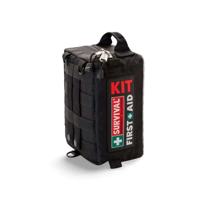 SURVIVAL Best Vehicle First Aid Kit in black pouch with MOLLE system and durable zippers.