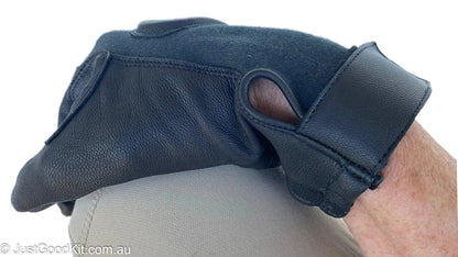 Tactical glove with Velcro cuff, Kevlar fabric, and goatskin leather construction for military and first responders.