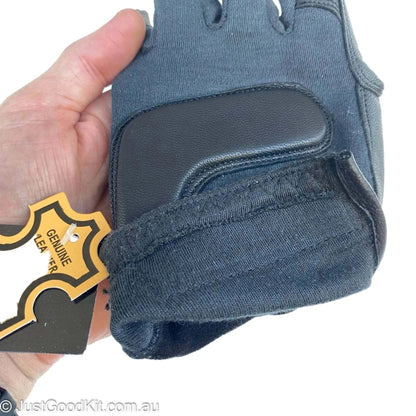 Kevlar and goatskin tactical glove with Velcro cuff for military use.