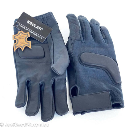Tactical gloves with Kevlar and aniline goatskin leather, black with Velcro cuff.