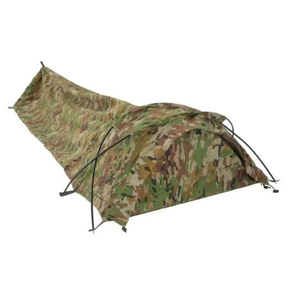 Valhalla Bivi Bag Shelter with X-Dome frame, camo design for outdoor protection.