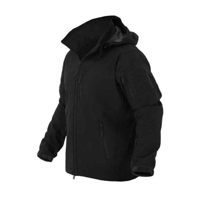 Black Tactical Softshell Jacket by Valhalla with hood, multiple pockets, and reinforced elbows.