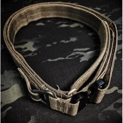 Valhalla ECS Tactical Battle Belt with MOLLE system and Austri Alpin Cobra Buckle on camouflage background.