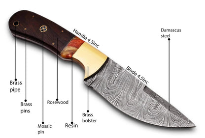 Damascus Steel Hunting Knife with Pakka Wood handle and custom leather sheath.