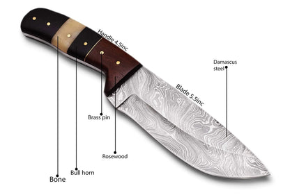 Damascus Steel Hunting Knife with 5.5-inch blade, rosewood, bone, and bull horn handle.