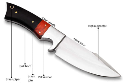 High carbon steel hunting knife with bull horn and pakka wood handle.
