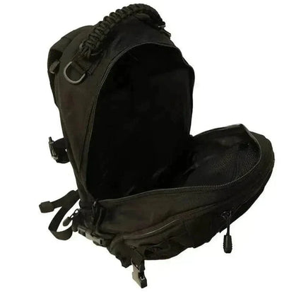Tactical Everyday Carry Pack by Valhalla in black, open view showing organized compartments and MOLLE system.