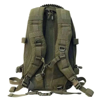 Tactical everyday carry pack by Valhalla in olive, featuring organized compartments, MOLLE/PALS system, contoured foam straps, and durable Cordura nylon.
