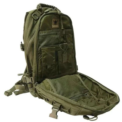 Tactical Everyday Carry Pack by Valhalla, 25-litre, durable Cordura, MOLLE/PALS system, organized compartments, olive color.