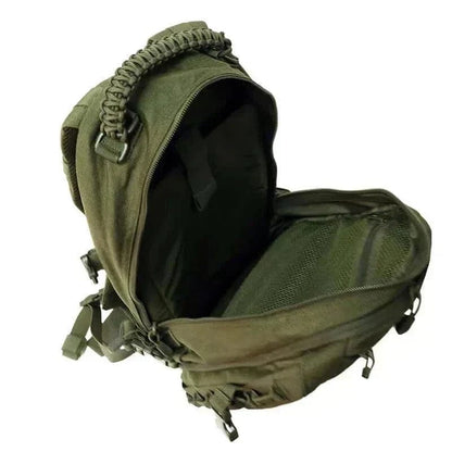 Tactical Everyday Carry Pack by Valhalla with open compartments displaying organized interior pockets.