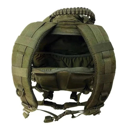Olive green tactical everyday carry pack with organized compartments and MOLLE system.