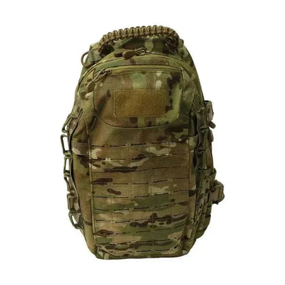 Tactical everyday carry pack in camouflage print with MOLLE/PALS system, durable and organized for versatile use.