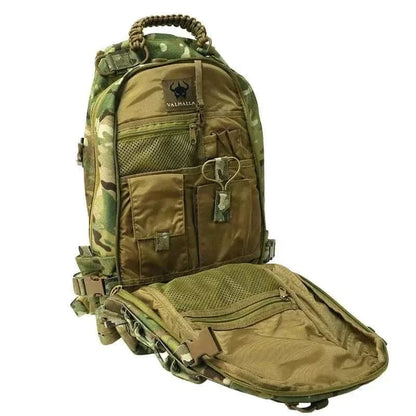 Tactical Everyday Carry Pack by Valhalla, multicam color, featuring organized compartments, MOLLE system, and durable Cordura fabric.