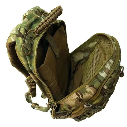 Tactical Everyday Carry Pack by Valhalla in camouflage with organized compartments and laser-cut MOLLE system, open view.