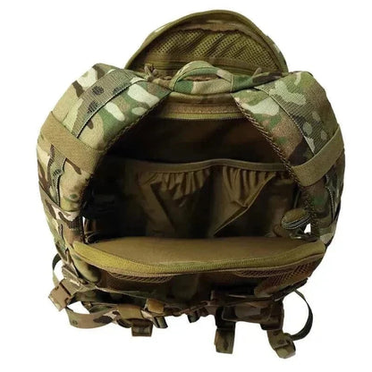 Tactical Everyday Carry Pack by Valhalla open to show multiple organized compartments in Multicam color.
