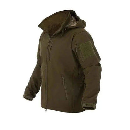 Tactical softshell jacket by Valhalla in olive color, featuring multiple pockets and adjustable hood.