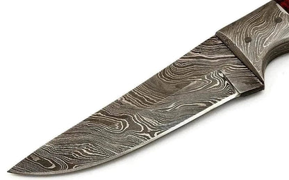 Damascus Steel Hunting Knife with pattern welded blade and wooden handle.