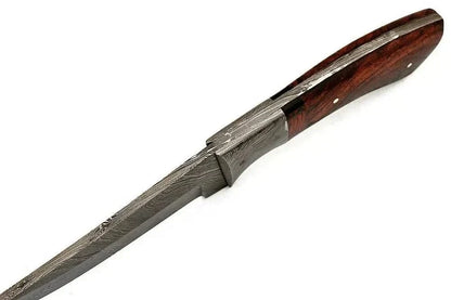Damascus Steel Hunting Knife with a pattern-welded blade and rosewood handle.