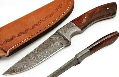 Damascus Steel Hunting Knife with full tang design, Rose and Pakka Wood handle, and custom leather sheath.