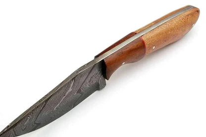 Damascus Steel Hunting Knife with Rosewood handle and patterned blade.