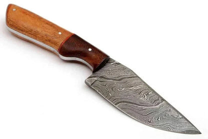 Damascus Steel Hunting Knife with Rose and Pakka Wood handle and leather sheath.