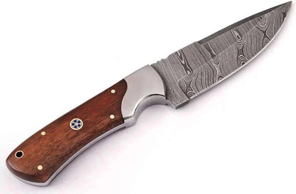 Damascus Steel Hunting Knife with wooden handle and patterned blade.